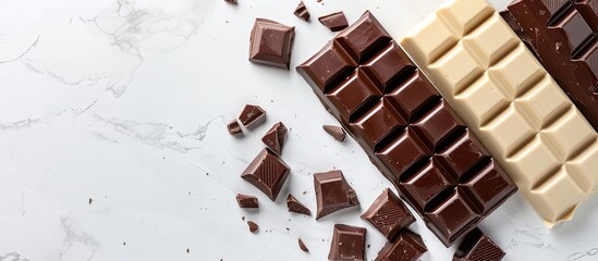 Poster - Isolated on a white background a display of milk and dark chocolate bars with copy space image