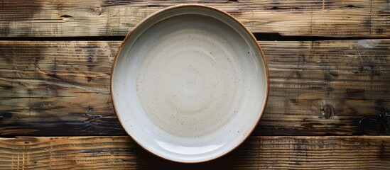 Aufkleber - Top view of an empty plate set on a wooden surface ideal for showcasing or combining with healthy items in a copy space image
