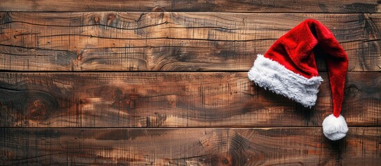 Poster - Wooden table with a Santa Claus hat featuring a Christmas themed copy space image and a rustic wood backdrop