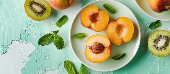 Wall Mural - Kiwis and peaches sliced on plates against a mint backdrop with copy space image