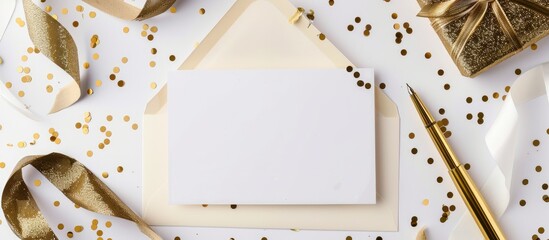 Aufkleber - White background featuring a blank note surrounded by an envelope ribbon confetti pen and golden glitter stars with copy space image
