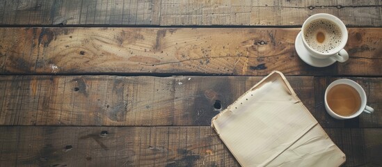 Fototapete - Vintage toned wood table with a blank notepad perfect for adding your content with a copy space image