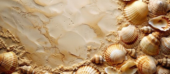 Fototapete - An elegant photo frame adorned with golden sea shells on a sandy background perfect for a copy space image