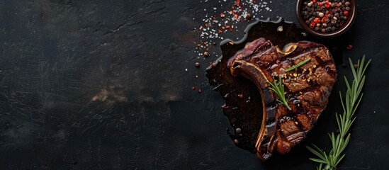 Canvas Print - Savory t bone steak with seasonings on a dark surface with copy space image