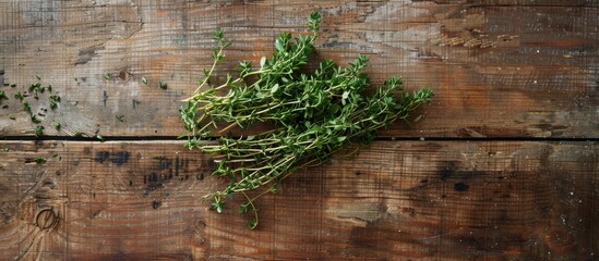 Poster - A rustic image with a cluster of fresh thyme on a wooden backdrop reminiscent of a vintage magazine spread leaving room for additional elements
