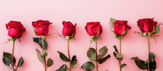 Fototapete - A minimal concept holiday background with a row of red roses on a soft pink surface in a flat lay offering a top view with copy space image