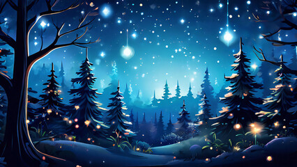 Christmas tree snowy forest in the night background