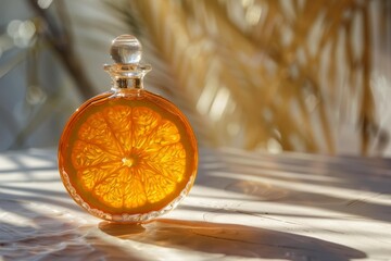 Poster - Round glass bottle full of orange liquid with slice of fruit inside casting shadow on white table