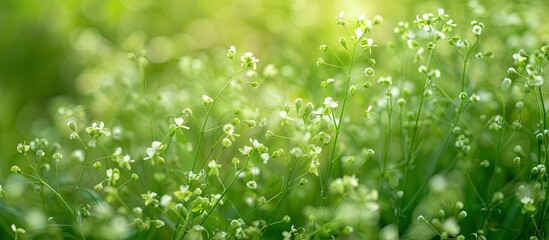 Poster - Green summer nature backdrop with Shepherd s Purse herb Capsella bursa pastoris in focus Ideal for banners with a spacious copy space image