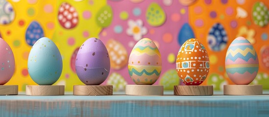 Fototapete - Easter eggs displayed on wooden stands against a colorful paper background with empty copy space image