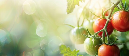 Aufkleber - Natural red and green tomatoes on a branch in a homemade greenhouse with a blurry background ideal for your advertising text with copy space image