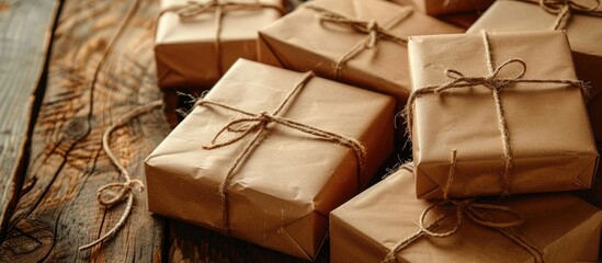 Poster - Numerous brown gift boxes wrapped in craft paper and tied with hemp cord placed on a wooden surface ideal for a copy space image