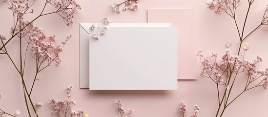 Fototapete - Stylized mockup of wedding stationery with blank cards perfect for showcasing designs Includes invitation and guest cards Copy space image