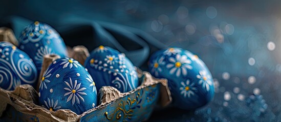Aufkleber - Hand painted blue Easter eggs in cardboard packaging on a dark background card with copy space image reflecting Catholic and Orthodox holiday traditions