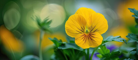 Aufkleber - An image with a soft focus captures a macro shot of a yellow pansy providing ample copy space