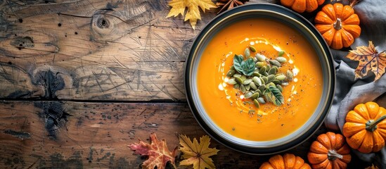 Aufkleber - Plate of creamy roasted pumpkin soup with fresh pumpkins and seeds on wooden backdrop presenting a copy space image