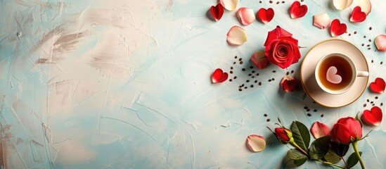 Aufkleber - Valentine s Day themed greeting card featuring roses a coffee cup and decorative lettering against a backdrop with copy space image