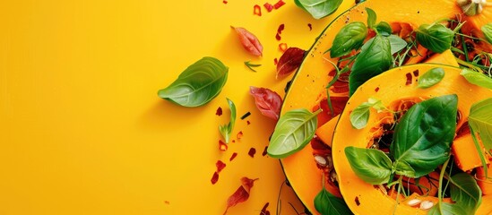 Aufkleber - Top view of a pumpkin and basil salad on a yellow backdrop with space for text or image insertion. Creative banner. Copyspace image