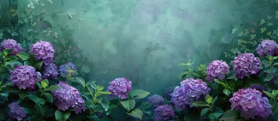 Wall Mural - lush green foliage surrounds vibrant purple hydrangeas in full bloom set against a serene backdrop w