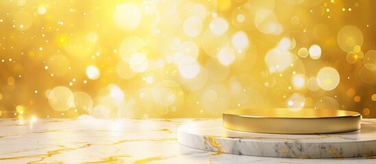 Aufkleber - Luxurious backdrop for displaying products with a festive ambiance featuring a gold and white marble tabletop against a yellow bokeh background perfect for showcasing items with an empty copy space im