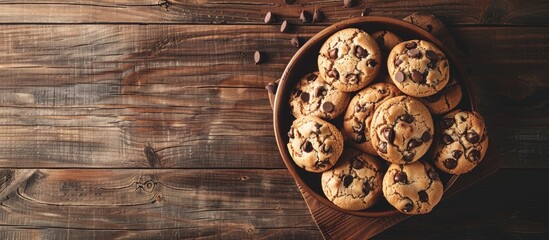 Poster - A rustic studio shot featuring homemade chocolate chip cookies on a wooden table with a vintage and bright aesthetic Copy space image included