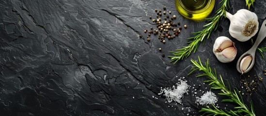 Poster - Top view of rosemary garlic salt pepper and olive oil on black stone with ample copy space image
