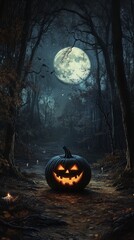 Poster - Halloween pumpkin illuminating path in dark forest at night