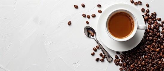 Poster - A white background displays a cup of coffee surrounded by beans accompanied by a spoon providing copy space image