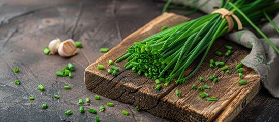 Aufkleber - Fresh spring chives on a wooden board with ample copy space image