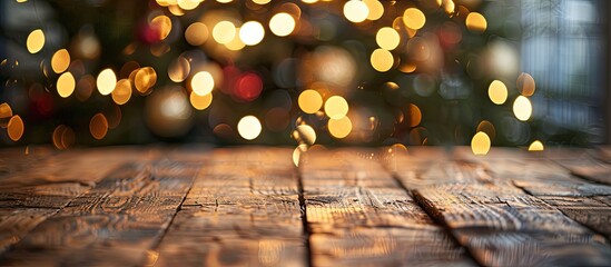 Aufkleber - A wooden table with a blurred Christmas tree background adorned with twinkling lights serves as a festive holiday setting for product display or montages with copy space image