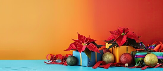 Aufkleber - A festive scene with a poinsettia flower and New Year s gifts arranged on a colorful background creating a perfect copy space image