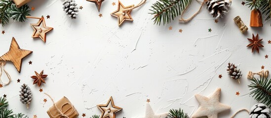 Poster - Festive Christmas setup with wooden decorations and stars on a white backdrop embodying the essence of the holiday season Top view showcasing a captivating copy space image