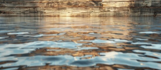 Poster - A varnished plank provides a crisp reflection on the backdrop image with copy space