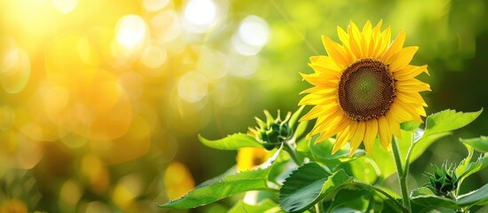 Wall Mural - A sunflower with green leaves in a beautiful nature setting perfect for use in presentations as a copy space image