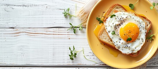 Aufkleber - Top view of a healthy breakfast scene a yellow plate holds toast topped with an egg and micro greenery on a white wooden surface offering copy space image