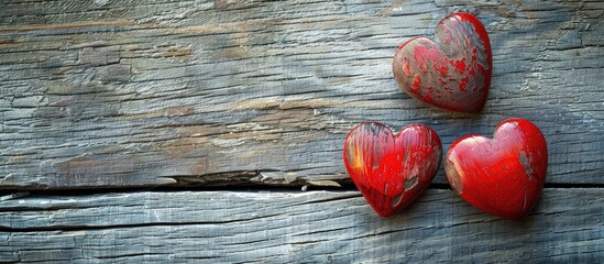 Aufkleber - A wooden background hosts two red hearts for Valentine s Day providing a copy space image
