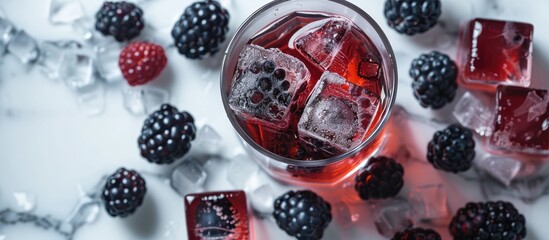 Poster - Copy space image featuring a glass filled with mulberry and mulberry infused ice cubes