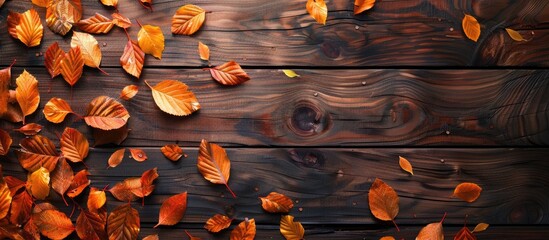 Fototapete - A wooden background decorated with autumn leaves provides a perfect copy space image