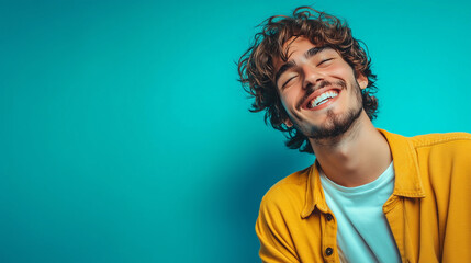 Portrait of a happy young man, isolated on a blue background. Confident and handsome. Room on the side for a news title or sales post.