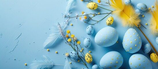 Aufkleber - Easter themed card featuring blue eggs yellow feathers and a light blue backdrop ready for your copy space image