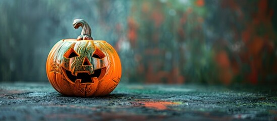Poster - A festive Halloween themed pumpkin decoration is displayed in an image with copy space