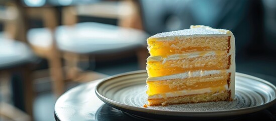 Poster - Selective focus on a Three Layers Rich Egg Yolk Cake with Jam between them Spiku or Lapis Surabaya Incorporates a copy space image for content