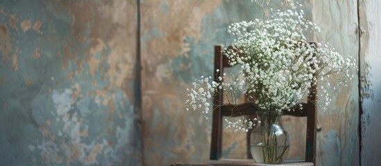 Aufkleber - Gypsophila flowers in vases on a wooden chair by a folding screen creating a picturesque copy space image