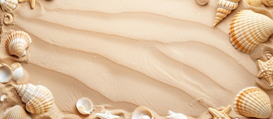 Fototapete - An elegant photo frame adorned with golden sea shells on a sandy background perfect for a copy space image