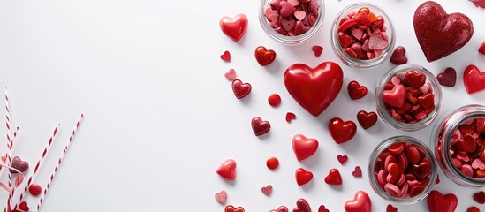 Poster - Valentine s Day decorations including red handmade hearts and candy hearts in jars arranged on a white background with copy space image