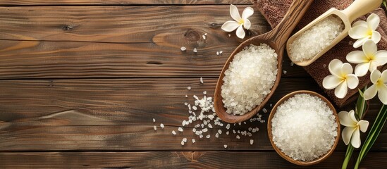 Aufkleber - Spa treatment scene featuring white sea salt on a wooden backdrop with copy space image available for text placement