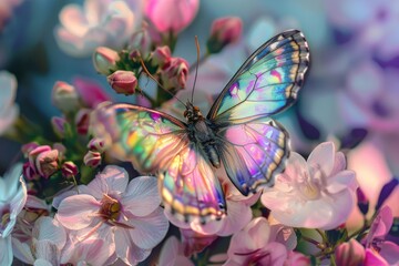 Wall Mural - Beautiful butterfly with iridescent wings is resting on pink flowers in a garden