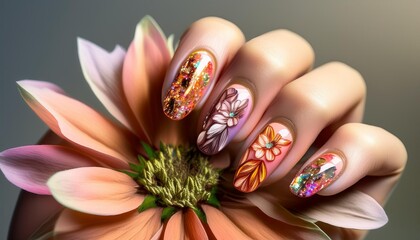 Canvas Print - A hand with stiletto nails showcasing a floral theme.