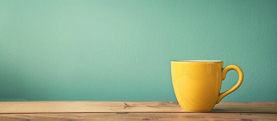 Leinwandbilder - A yellow coffee cup on a desk with a blank background for text or images a copy space image