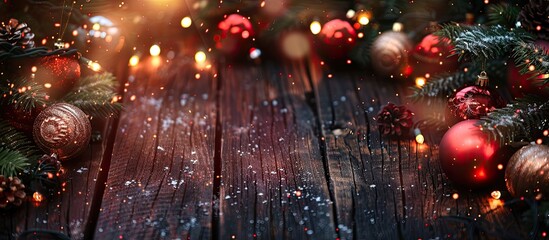 Aufkleber - Festive Christmas and New Year s background featuring beautiful decorations on a wooden backdrop with copy space image